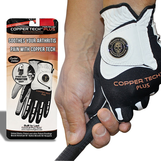 Skeleton Copper Tech Golf Glove for men with ball marker, black color, and copper compression
