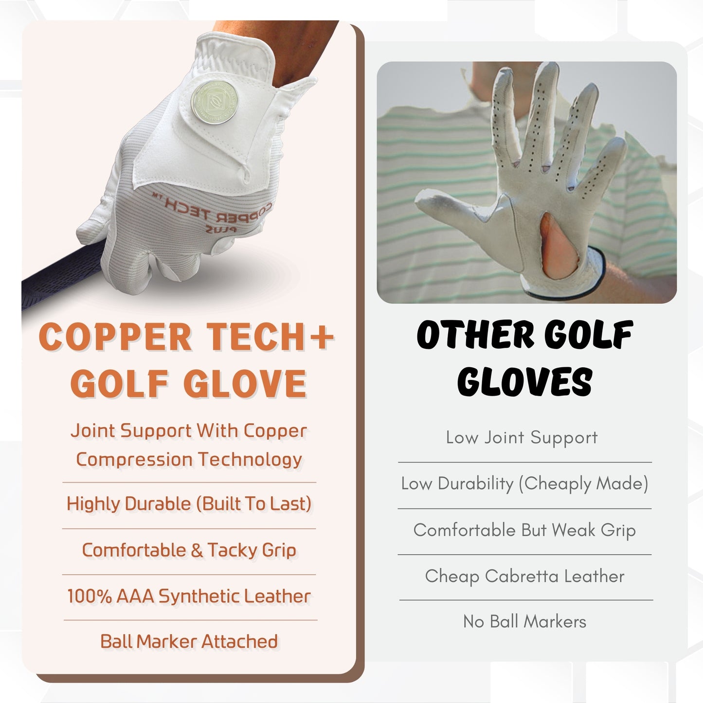 White Copper Golf Glove Men left handed golfers with breathable, flexible, comfortable joint relief