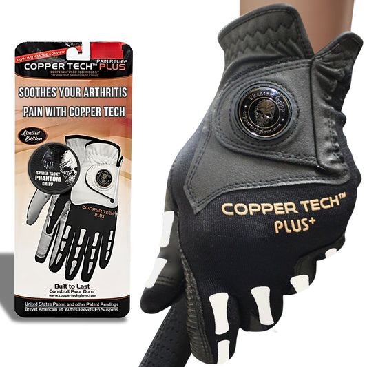 Copper Tech Golf Glove for men with ball marker, Black color, and copper compression