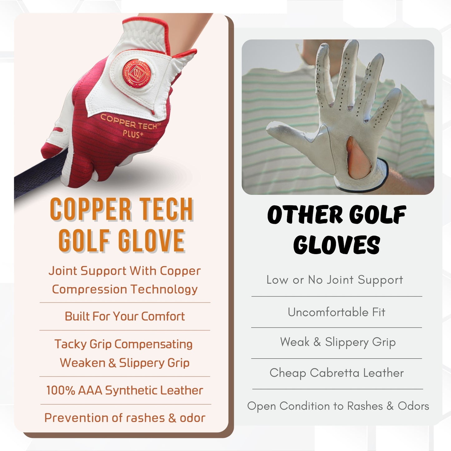 Breathable copper tech plus golf glove for women golfers, with built-in joint pain relief and ergonomic comfort, offered in sizes Small, medium, large, x-large, and x-large for both left and right handed golfers 