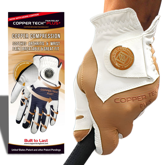 copper infused Golf Glove that is good for your joint. brown copper tech Golf Glove for men with ball marker.