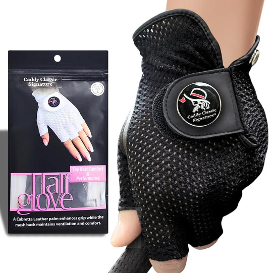 Caddy Classic Signature Ladies Golf Glove Women | Half Finger Mesh Design for High Breathability | Premium Leather Construction for Comfortable Fit |