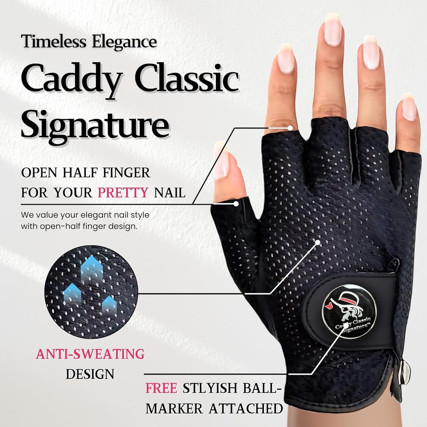 Caddy Classic Signature Ladies Golf Glove Women | Half Finger Mesh Design for High Breathability | Premium Leather Construction for Comfortable Fit |