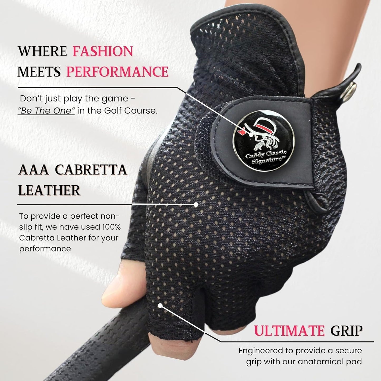 Caddy Classic Signature Ladies Golf Glove Women | Half Finger Mesh Design for High Breathability | Premium Leather Construction for Comfortable Fit |