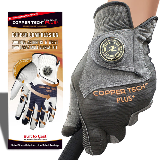 Black Copper tech plus golf glove for women golfers, alleviates joint discomfort while maintaining comfort, available in multiple sizes small, medium, large golf gloves.