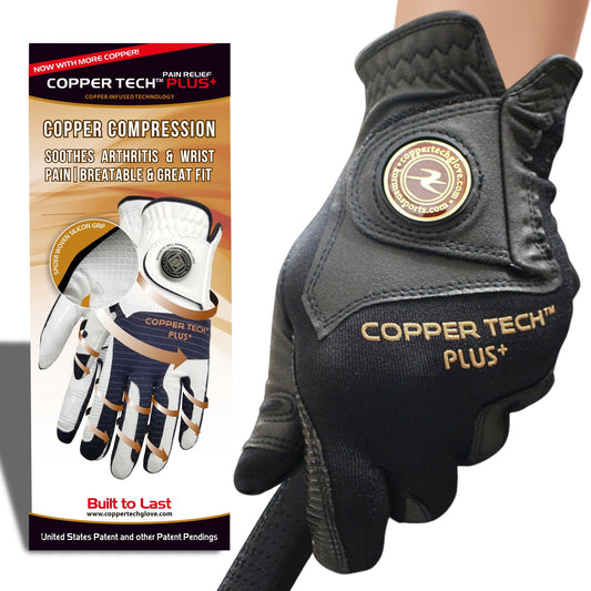 Women's Copper Tech golf glove with copper compression, designed for enhanced grip and joint support, perfect for both rainy and sunny days. Black Golf Glove