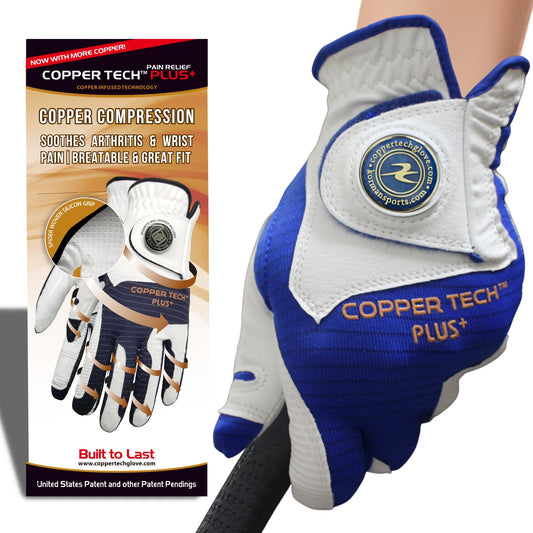 Women's Blue arthritis-friendly golf glove with copper support, ensuring comfort and grip throughout the game, available for left and right hands in multiple sizes: small, medium, large, x-large, and xx-large