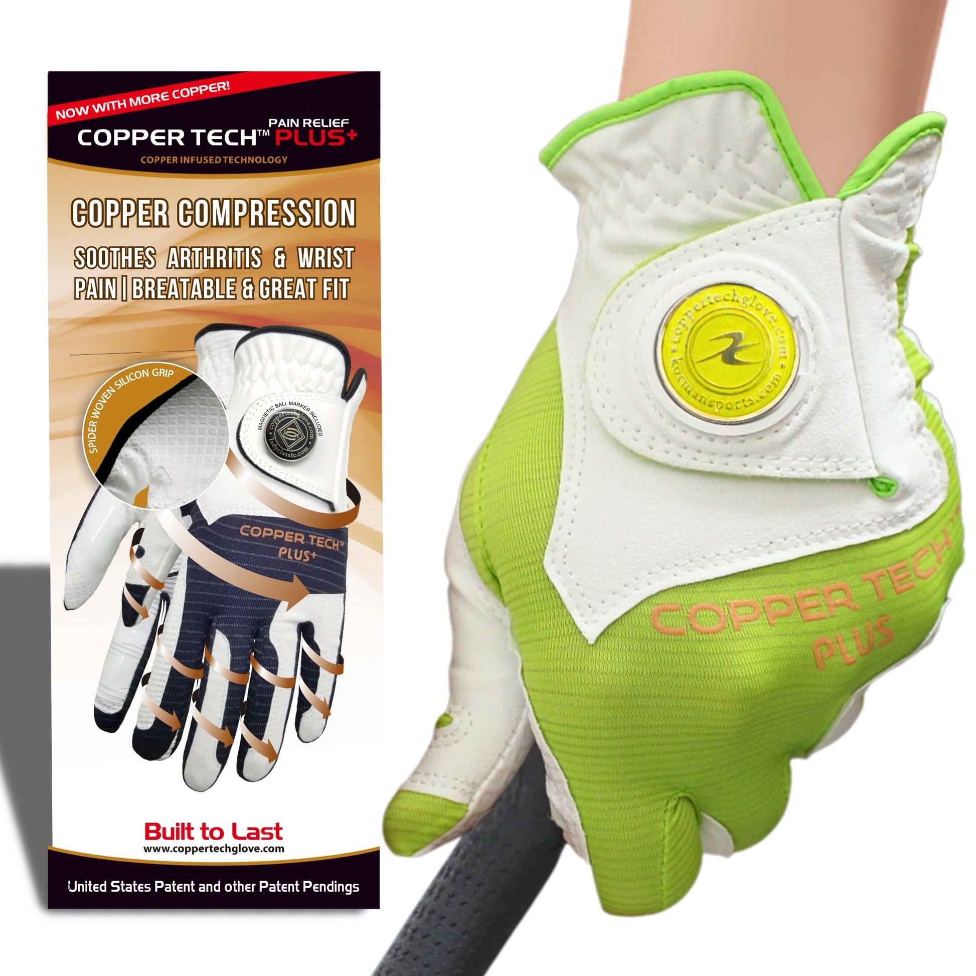 Bright yellow lime Copper Tech golf glove featuring copper-infused material and attached ball marker, designed for optimal comfort and grip.