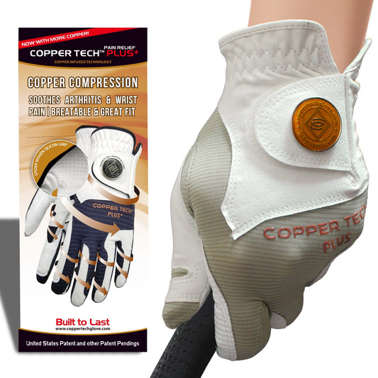 Khaki Copper Tech golf glove women with copper compression feature and convenient ball marker, offering comfortable fit options