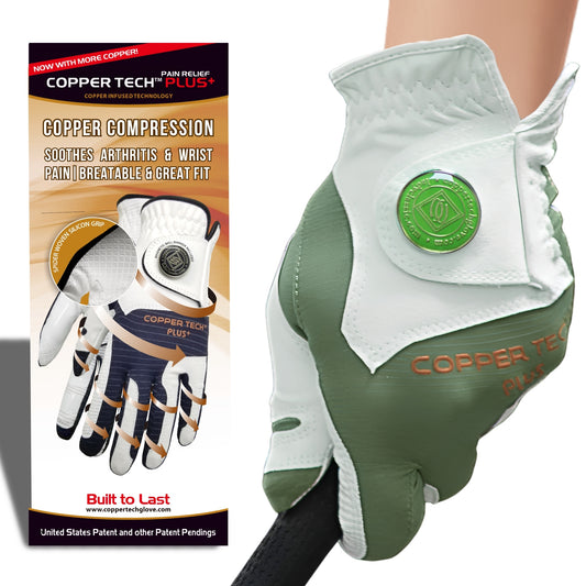Copper Tech’s green golf glove combines copper-infused comfort with a built-in ball marker for easy access.