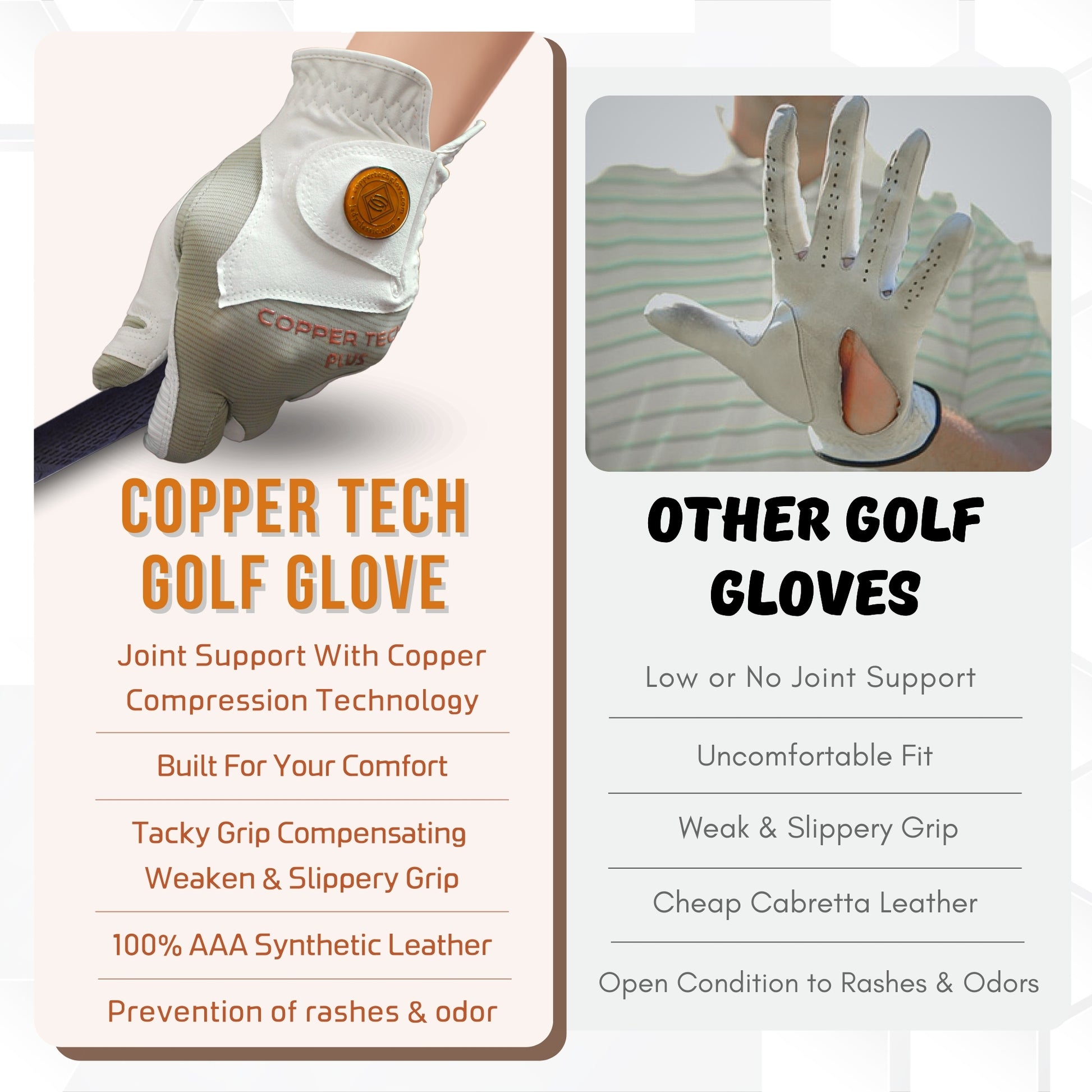 This vibrant Copper Tech golf glove in khaki color features copper-infused material, odor control, and a handy ball marker, available for small, medium, large, x-large, and XX-large in size.