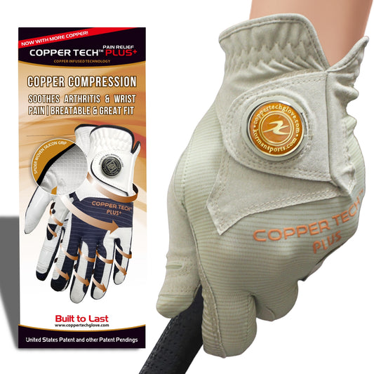 Khaki golf glove; Flexible Copper Tech Plus golf glove for women with copper compression, reduces arthritis pain and promotes airflow; 

