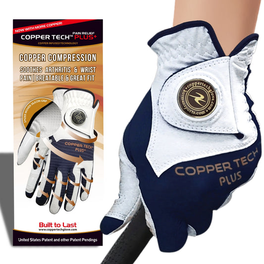 Women's copper tech plus golf glove offering compression support for arthritis relief, available in sizes S to XXL for both hands.