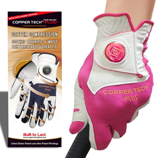 Women’s Copper Tech Pink golf glove, offered for left and right handed golfers. golf glove combines copper infusion for odor control, comfort and enhanced grip.