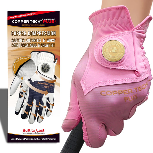 Pink Women's Copper Tech plus golf glove with copper compression for joint pain relief and enhanced comfort. Sizes range from Small, medium, large golf glove for left or right hands
