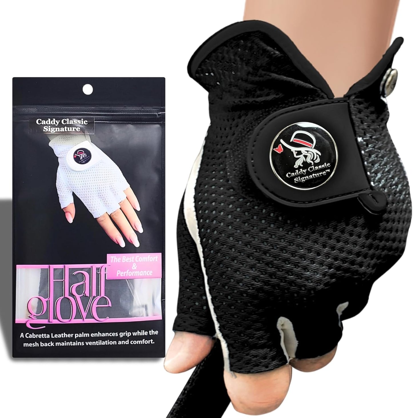 Caddy Classic Signature Ladies Golf Glove Women | Half Finger Mesh Design for High Breathability | Premium Leather Construction for Comfortable Fit |