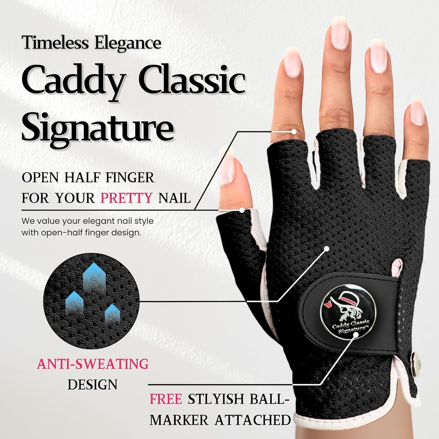 Caddy Classic Signature Ladies Golf Glove Women | Half Finger Mesh Design for High Breathability | Premium Leather Construction for Comfortable Fit |