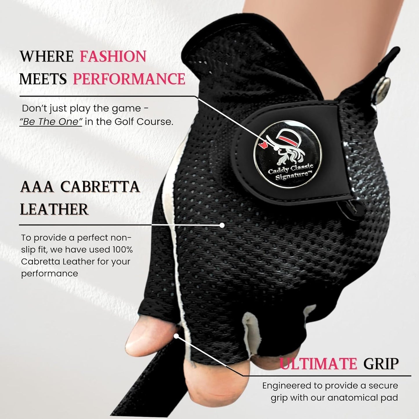 Caddy Classic Signature Ladies Golf Glove Women | Half Finger Mesh Design for High Breathability | Premium Leather Construction for Comfortable Fit |
