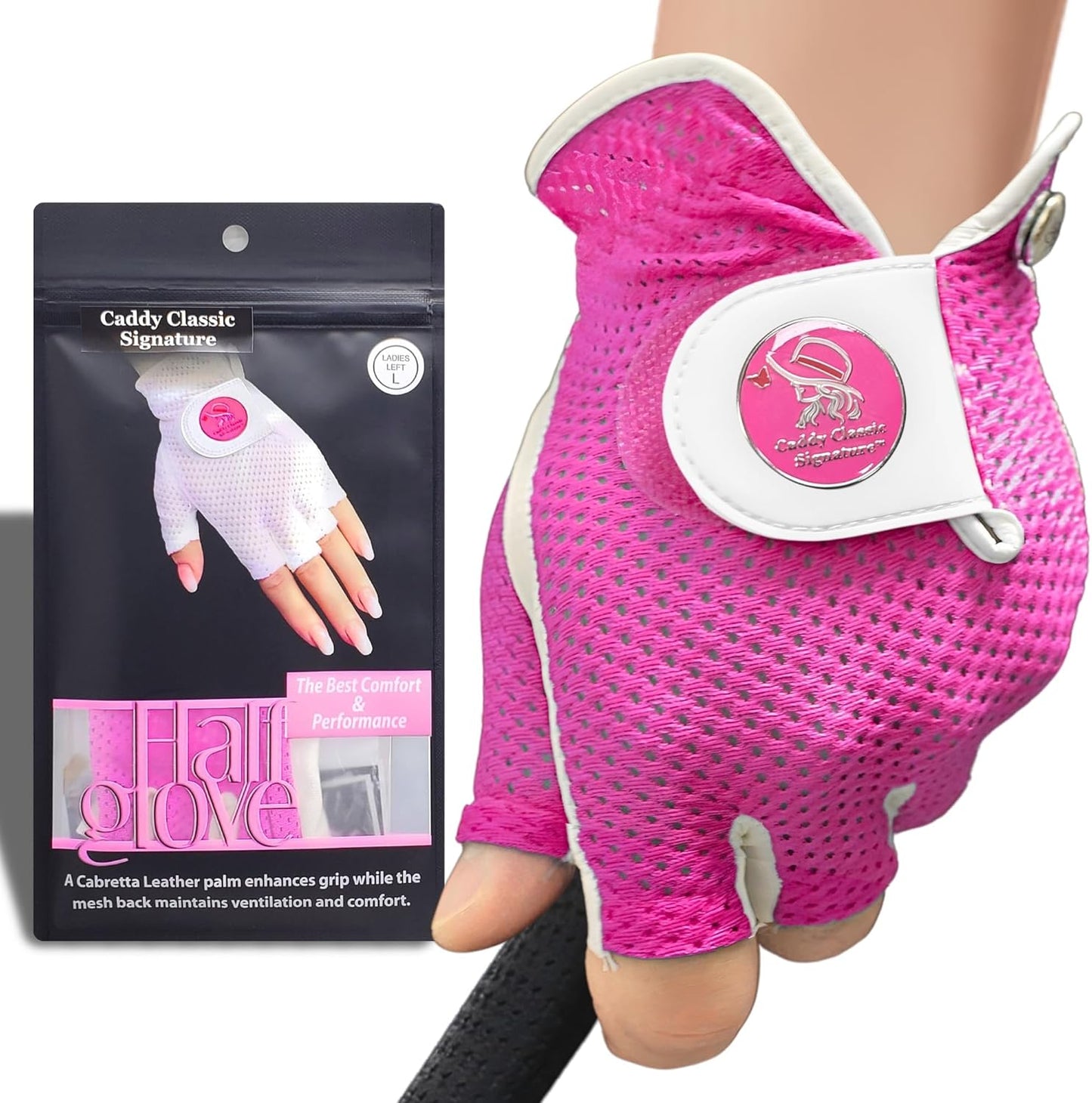 Caddy Classic Signature Ladies Golf Glove Women | Half Finger Mesh Design for High Breathability | Premium Leather Construction for Comfortable Fit |