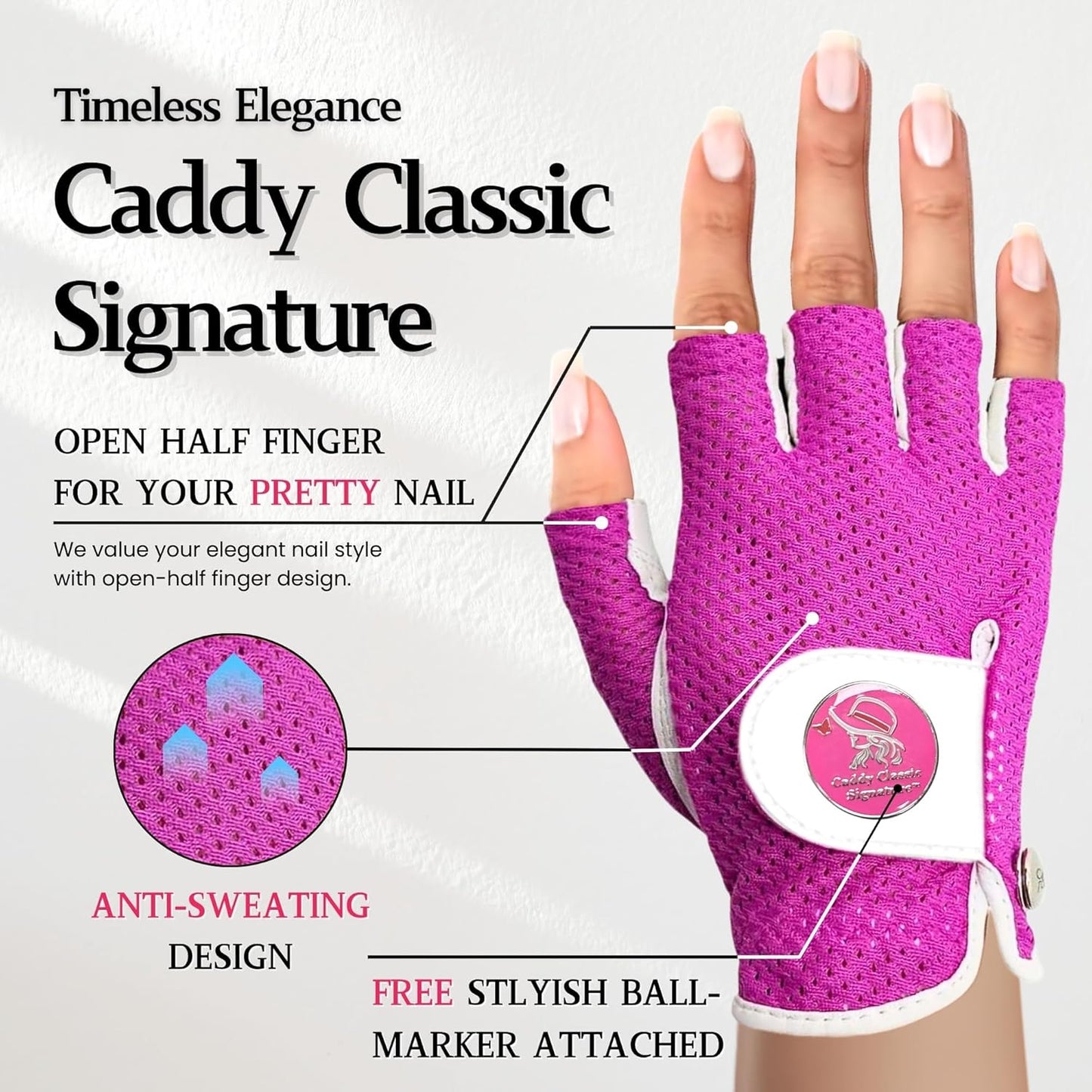 Caddy Classic Signature Ladies Golf Glove Women | Half Finger Mesh Design for High Breathability | Premium Leather Construction for Comfortable Fit |