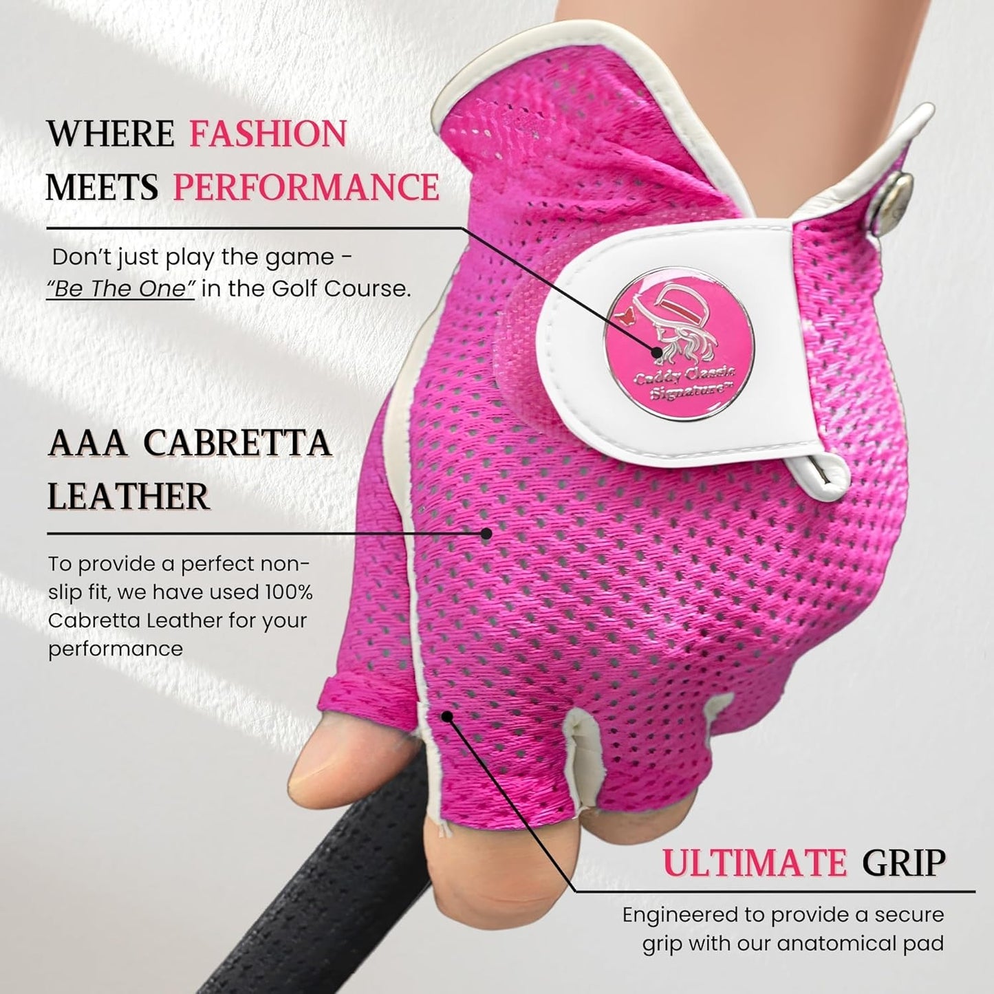Caddy Classic Signature Ladies Golf Glove Women | Half Finger Mesh Design for High Breathability | Premium Leather Construction for Comfortable Fit |