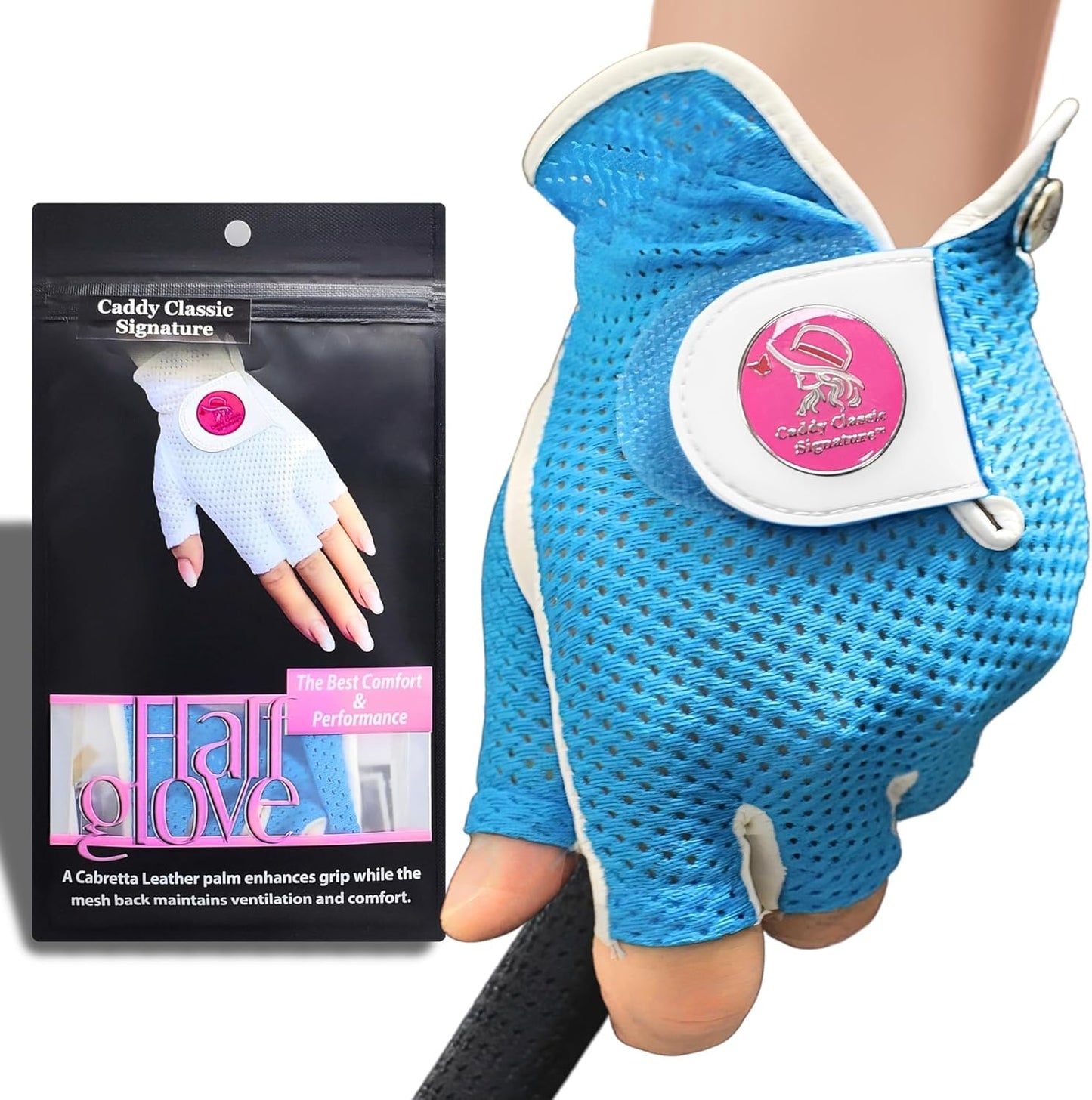 Caddy Classic Signature Ladies Golf Glove Women | Half Finger Mesh Design for High Breathability | Premium Leather Construction for Comfortable Fit |