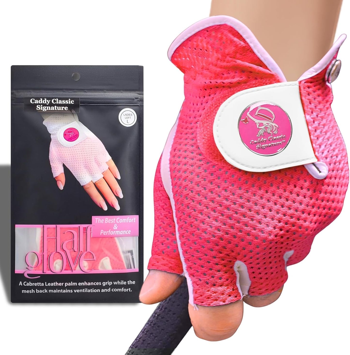 Caddy Classic Signature Ladies Golf Glove Women | Half Finger Mesh Design for High Breathability | Premium Leather Construction for Comfortable Fit |