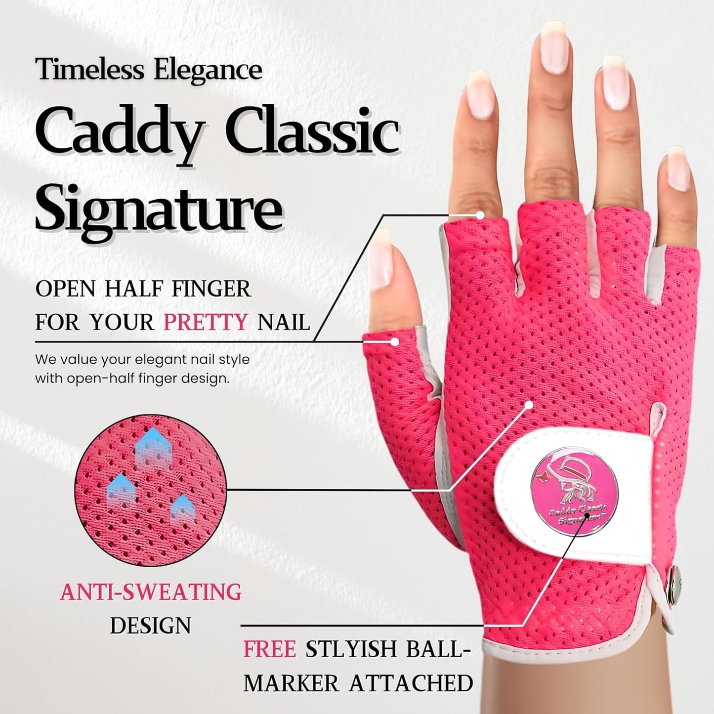 Caddy Classic Signature Ladies Golf Glove Women | Half Finger Mesh Design for High Breathability | Premium Leather Construction for Comfortable Fit |