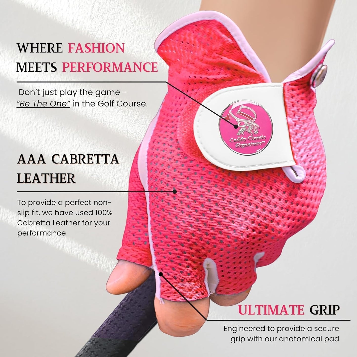 Caddy Classic Signature Ladies Golf Glove Women | Half Finger Mesh Design for High Breathability | Premium Leather Construction for Comfortable Fit |