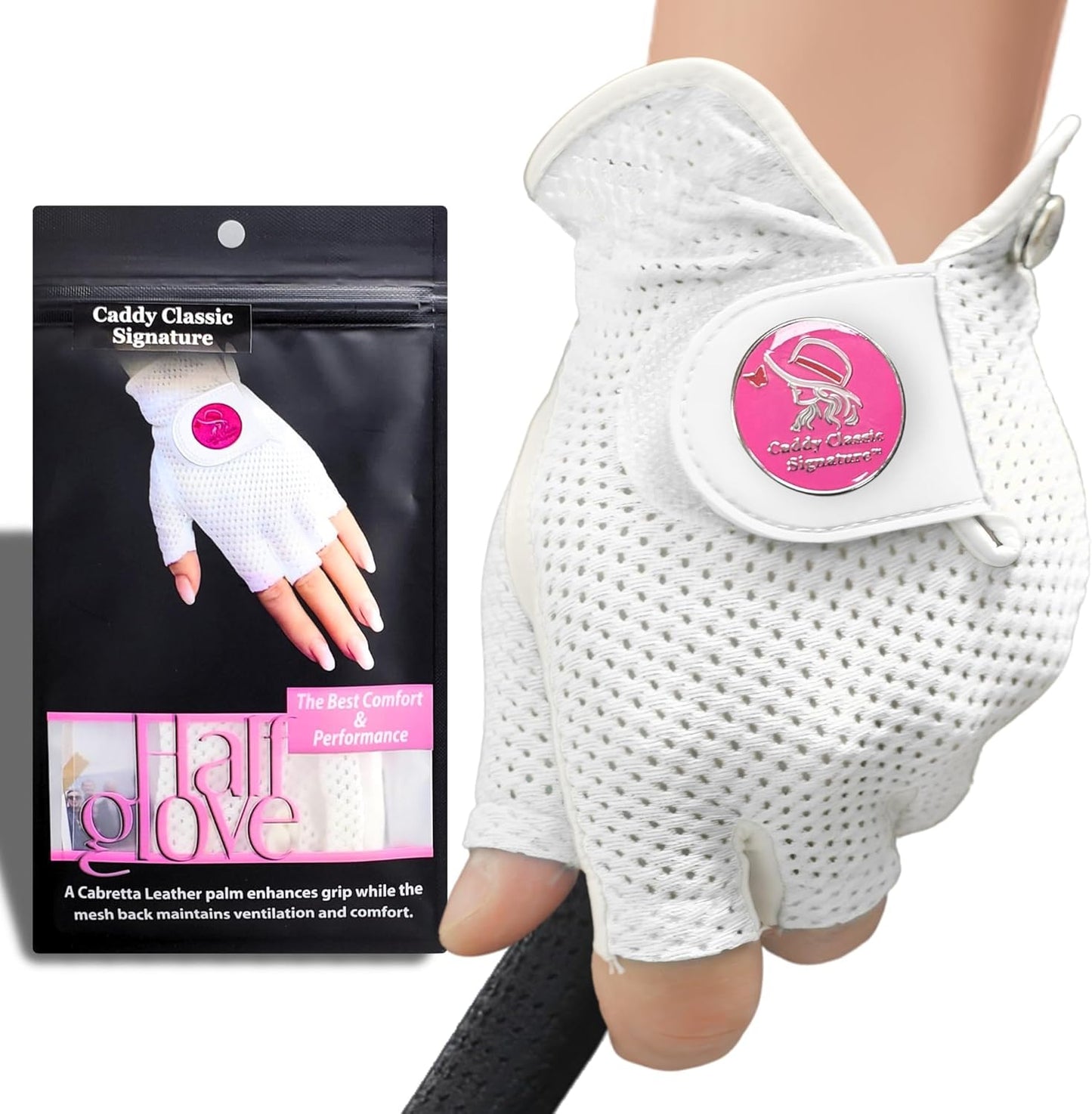 Caddy Classic Signature Ladies Golf Glove Women | Half Finger Mesh Design for High Breathability | Premium Leather Construction for Comfortable Fit |