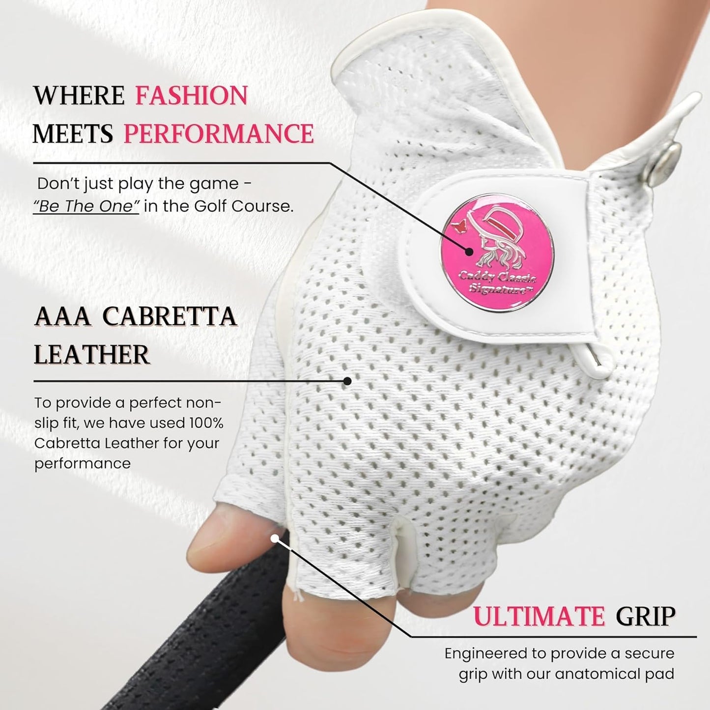 Caddy Classic Signature Ladies Golf Glove Women | Half Finger Mesh Design for High Breathability | Premium Leather Construction for Comfortable Fit |