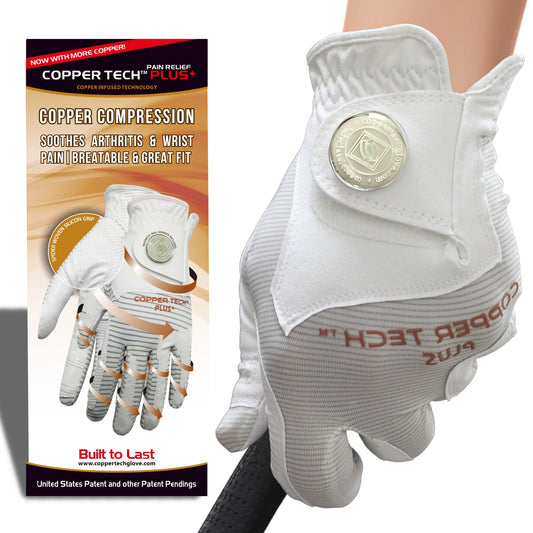 Ladies' copper Tech Plus golf glove with enhanced joint support, designed for optimal comfort and Tacky grip. White golf glove with sizes Small, medium, Large, and XXL, comfortably fitting left and right hands for golfers