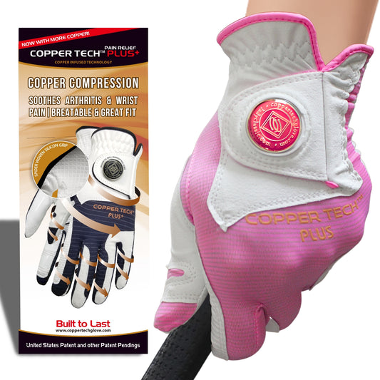 pink golf glove from copper tech sports. Copper tech plus golf glove helps soothing arthritis for golfers and give maximized comfort.