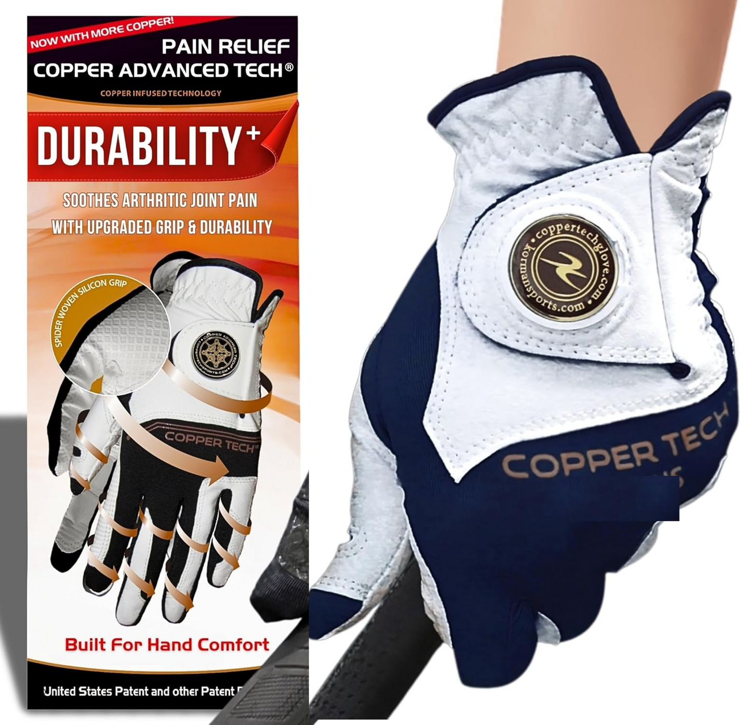 Copper Advanced Tech 2.0 Men's Golf Gloves Worn on Right Hand For Left Handed Golfer