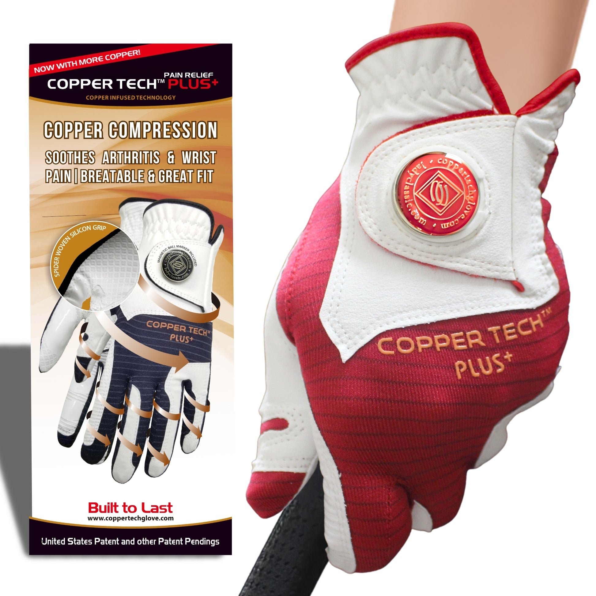 red Women's copper infused golf glove, providing joint pain relief and comfortable wear in multiple sizes for both hands.
