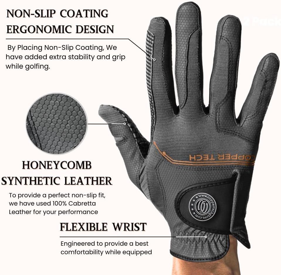 Copper Tech Men's Golf Gloves 2-pack (Gray/Charcoal)