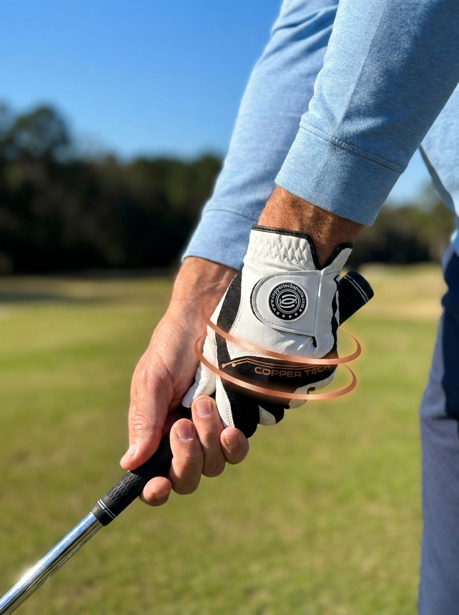 Copper Tech golf glove gripping a club with copper compression rings